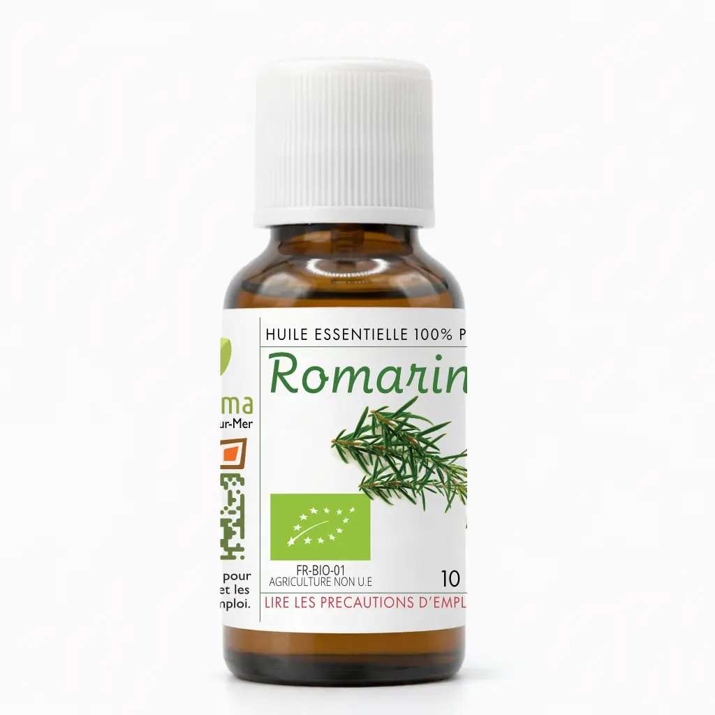 Flacon d’huile essentielle de Romarin à cinéole biologique 100 % pure et naturelle