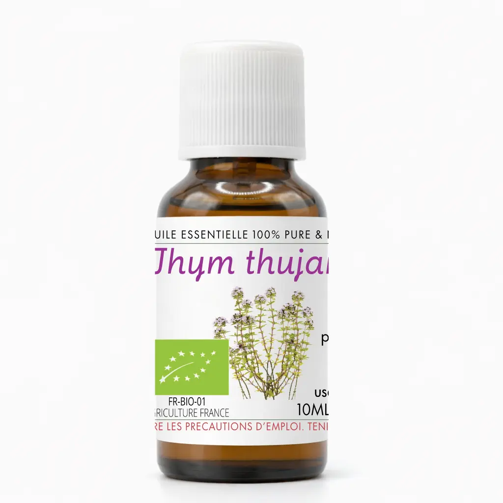 Flacon d’huile essentielle de Thym thujanol biologique 100 % naturelle