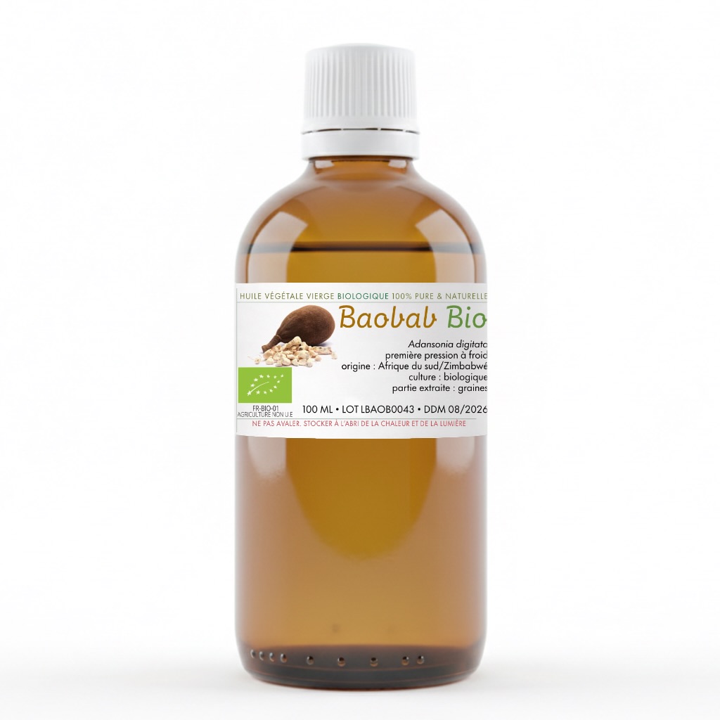 Flacon d’huile végétale de Baobab biologique 100 % naturelle