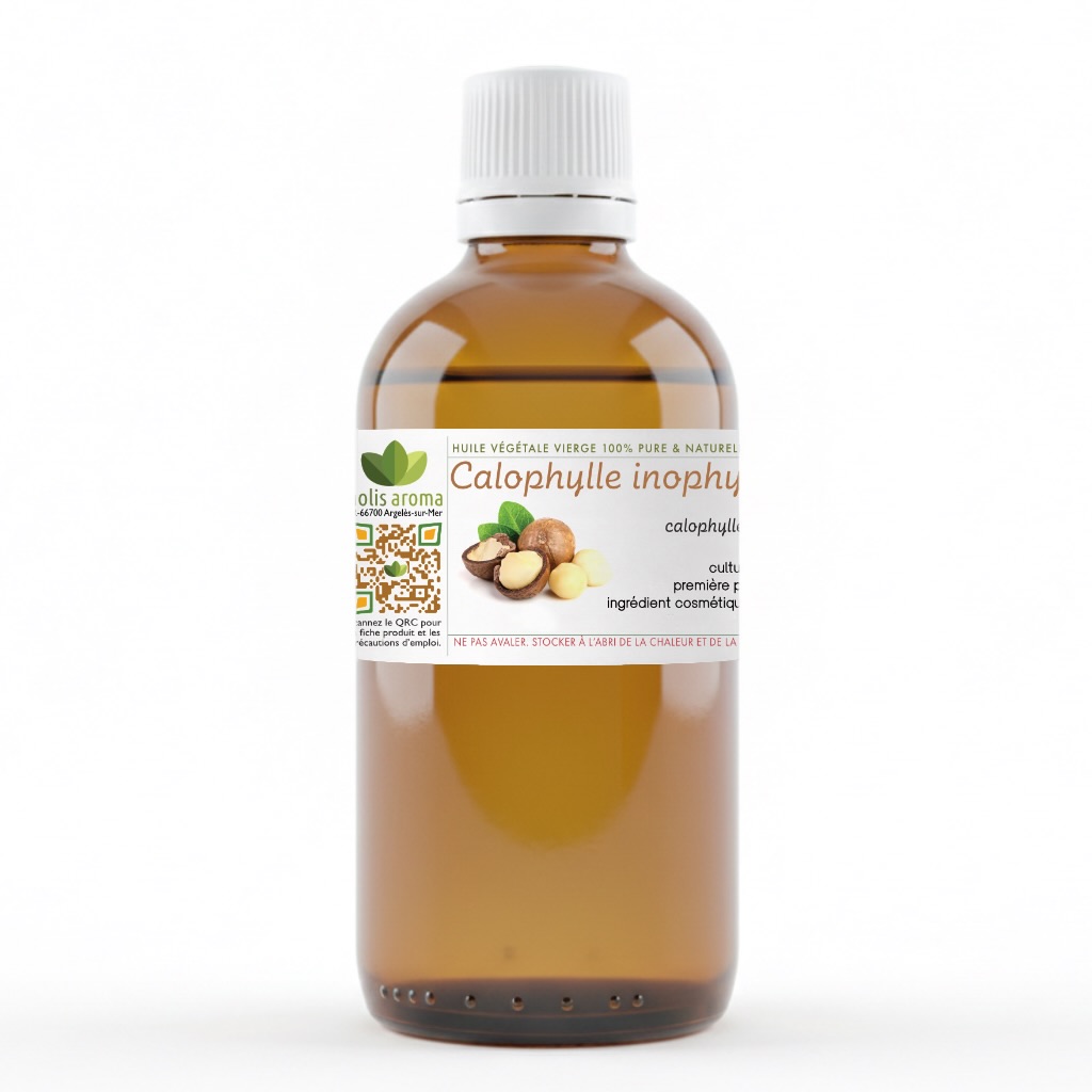 Flacon d’huile végétale de Calophylle biologique 100 % naturelle