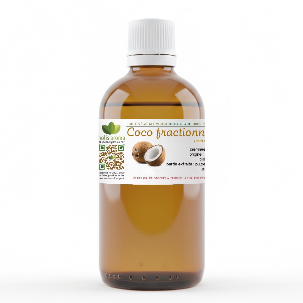Flacon d’huile de coco fractionnée biologique 100 % naturelle